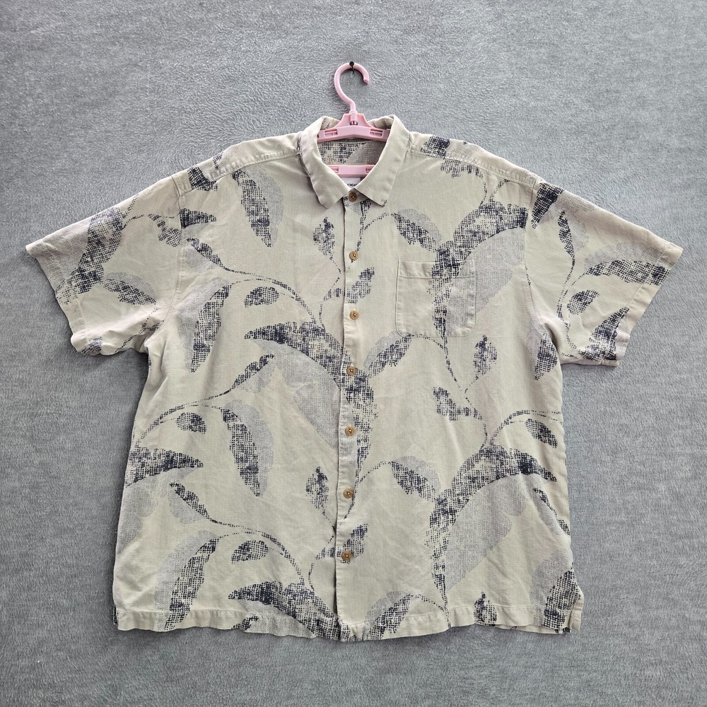 Tommy Bahama Men Button Up Shirt 2XL Beige 100% Silk Leaf Print Pocket Collar